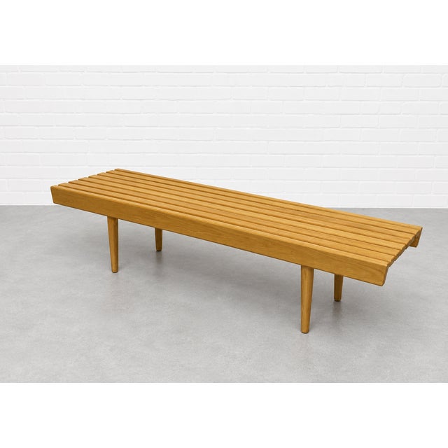 Brown Mid Century Modern Styled Handmade Oak Slat Bench | Long Coffee Table For Sale - Image 8 of 11