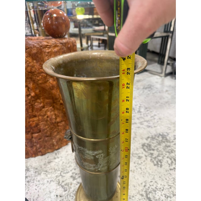 Vintage Solid Brass Umbrella Stand With Etched Deer & Cranes, Gargoyles For Sale In Atlanta - Image 6 of 7
