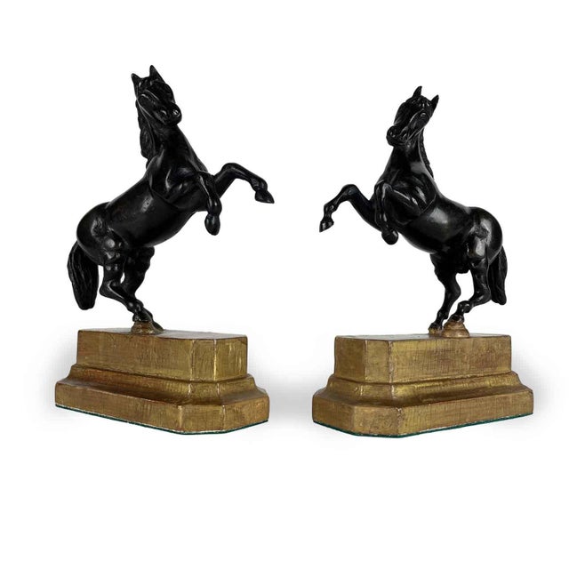 Pair of Bronze Grand Tour Horse Sculptures, early 19th-century Italian figures of rearing horses, cast in dark-patina...