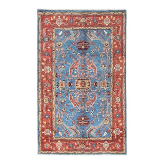 2010s Turkish Blue, Afghan Peshawar With All Over Heriz Design, Natural Dyes, Pure Wool, Hand Knotted, Oriental Rug For Sale