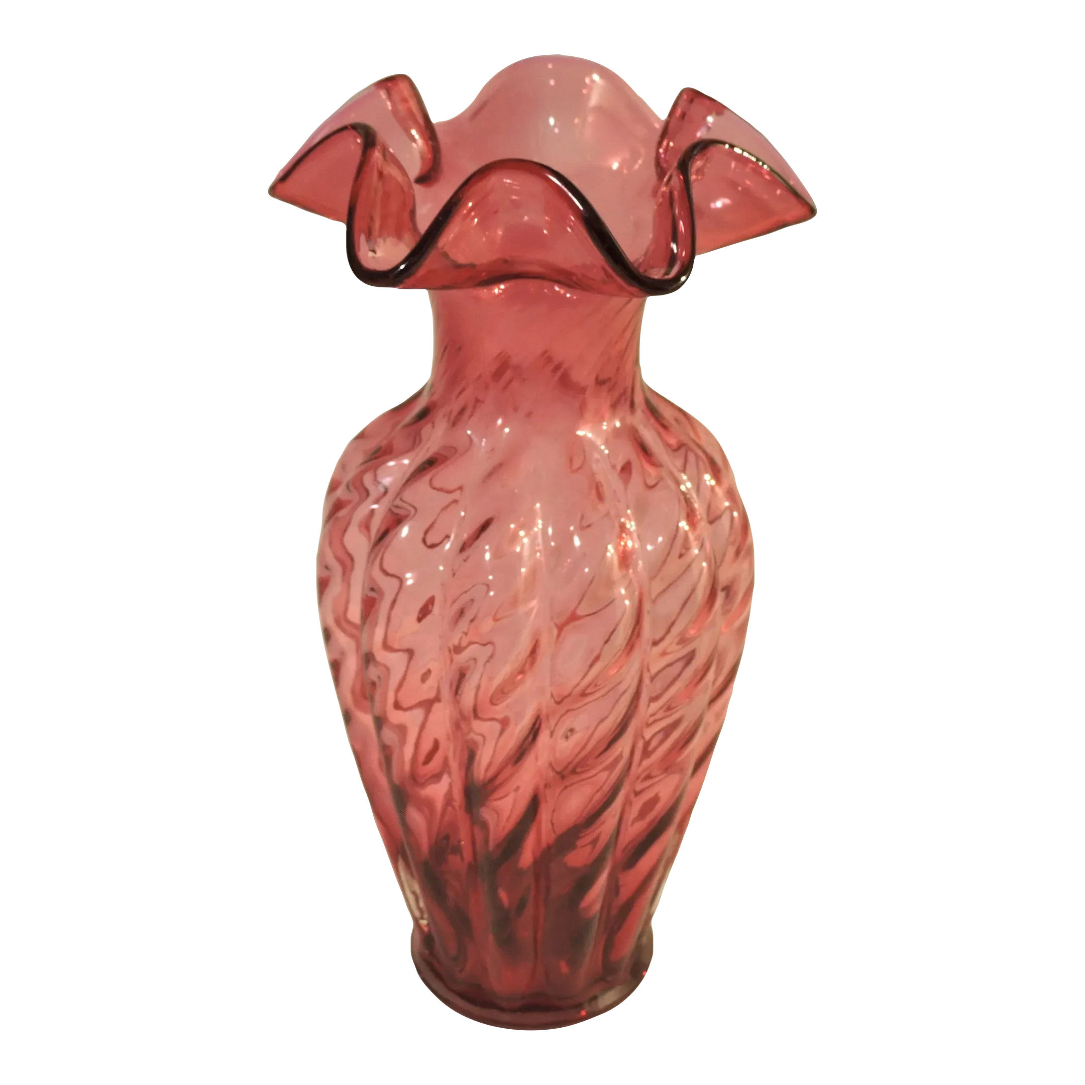 Fenton Art Glass・アンティークガラス Vintage Fenton Art Glass Country Cranberry Swirl Vase With Ruffled