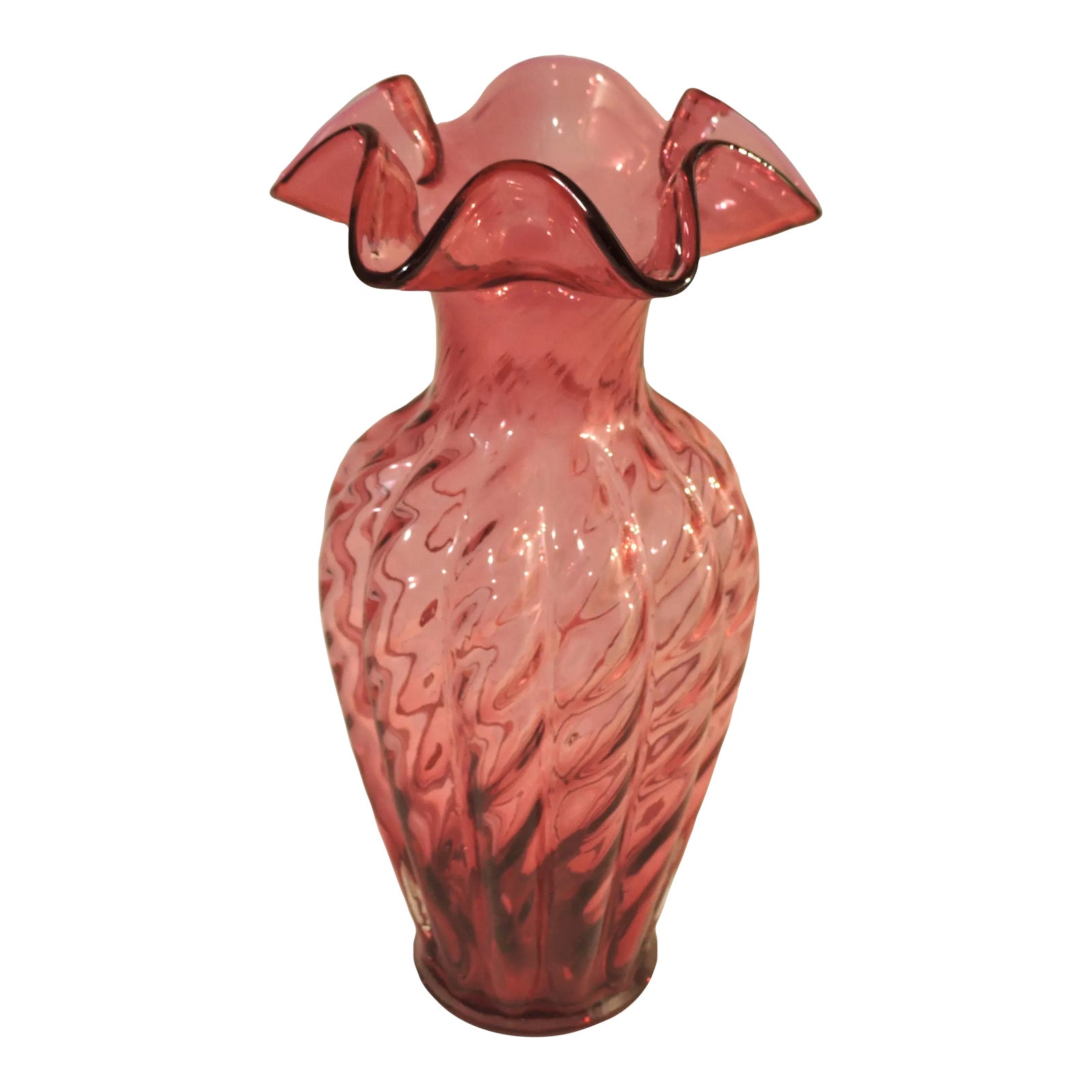 Vintage Fenton Art Glass Country Cranberry Swirl Vase With Ruffled