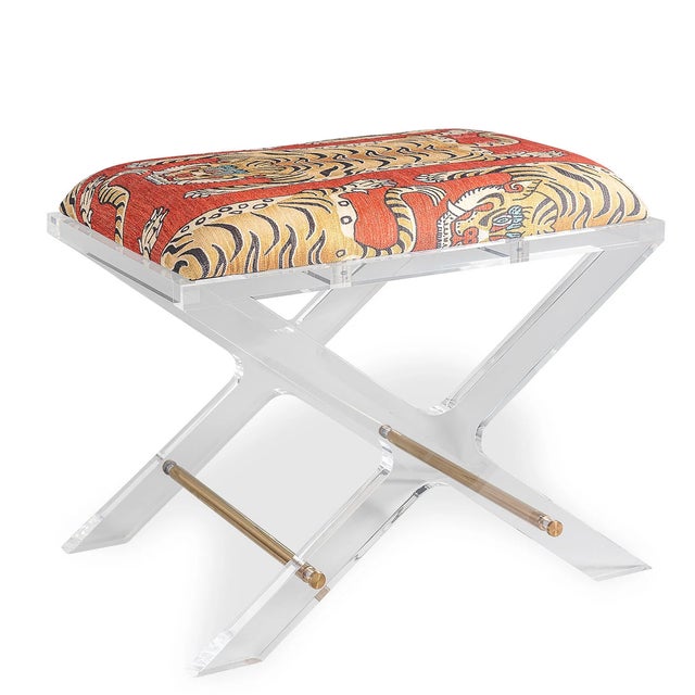 Uber chic clear lucite X shaped accent upholstery--our Delano Bench is the perfect vanity stool and/or designer accent...