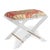 Uber chic clear lucite X shaped accent upholstery--our Delano Bench is the perfect vanity stool and/or designer accent...