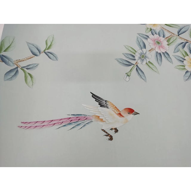 Hand Painted Chinoiserie Wallpaper Mural With Floral Branches, Birds and Botanical Garden Scene For Sale - Image 6 of 11