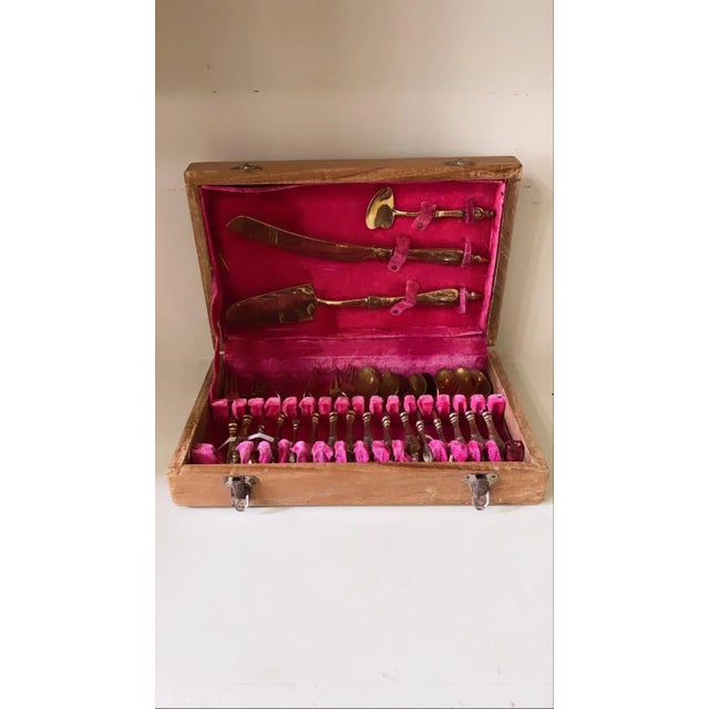 Rare vintage Elephant heads James Thailand Nickel brass dessert Ware 19 piece set in wooden box great vintage condition....