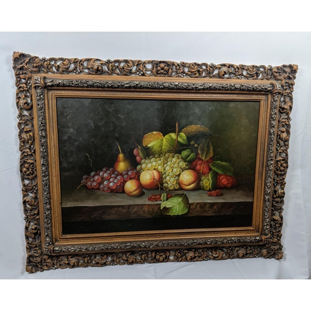 Late 20th Century Large Hand-Painted Traditional Fruit Still Life Oil on Canvas in Ornate Carved Frame For Sale - Image 11 of 16