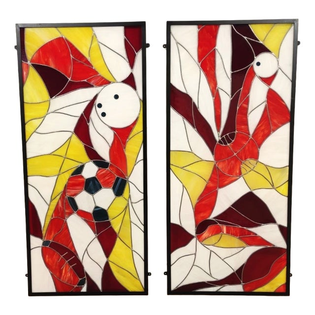 Artistic Leaded Glass Windows with Sports Theme, 1980s, Set of 2 For Sale