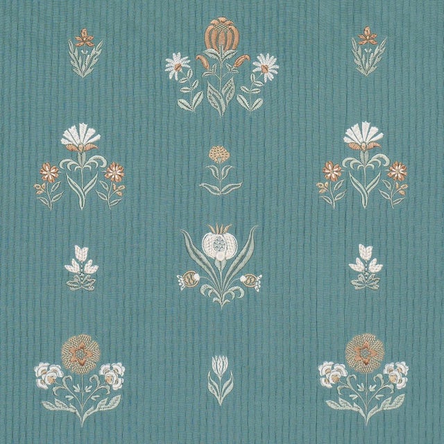 Schumacher Elmslie Embroidery Fabric In Teal For Sale