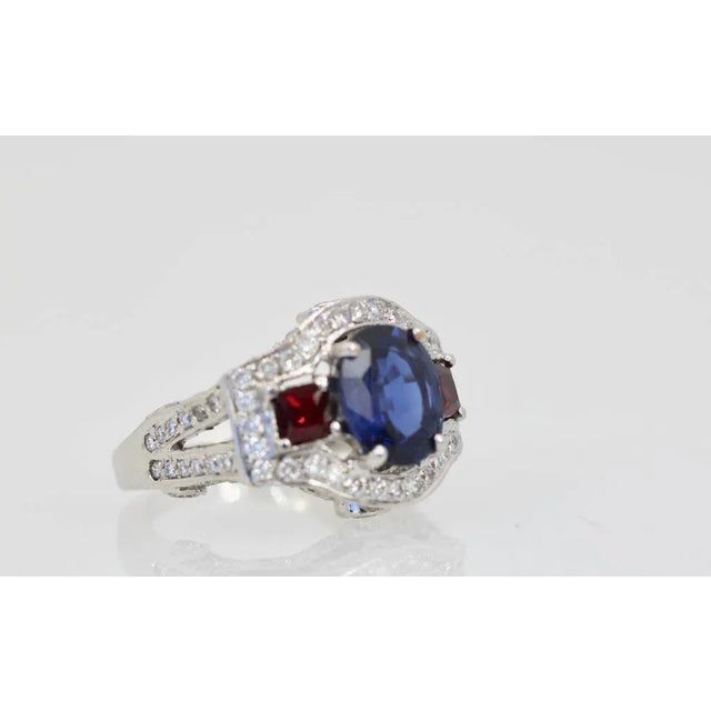 Blue 1980s Sapphire Ruby Diamond Ring Size 6.5 For Sale - Image 8 of 9