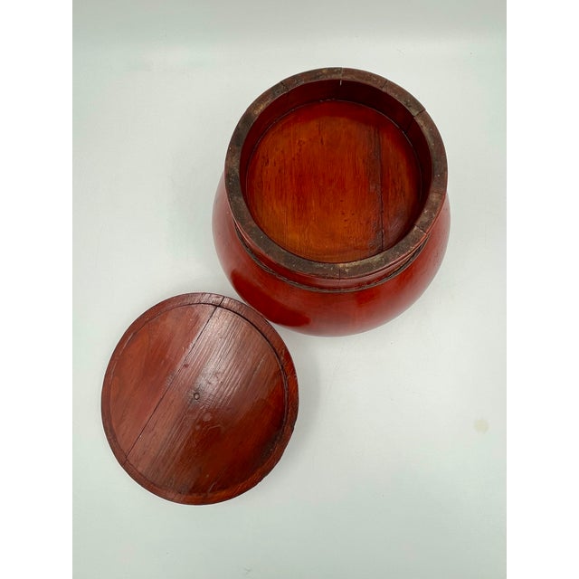 Wood Antique Chinese Red Lacquered Round Wood Box Rice Bucket With Lid For Sale - Image 7 of 11