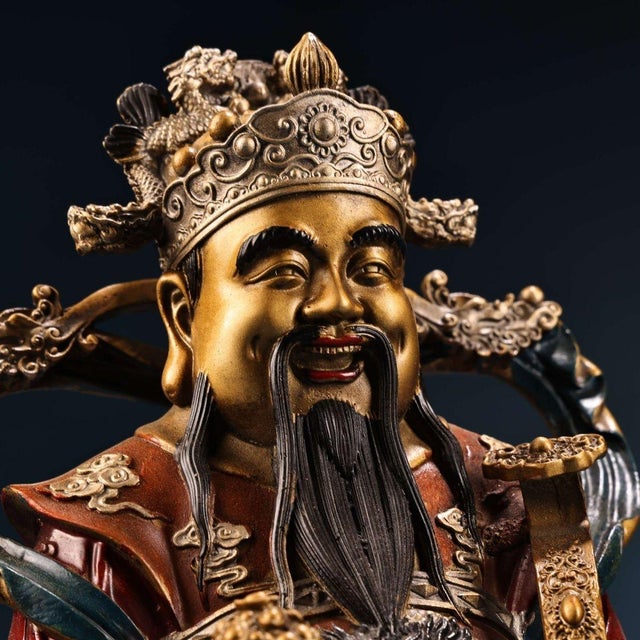 Brass Large Vintage Gilt Bronze God of Wealth Statue - Chinese Caishen Sculpture With Polychrome For Sale - Image 8 of 10