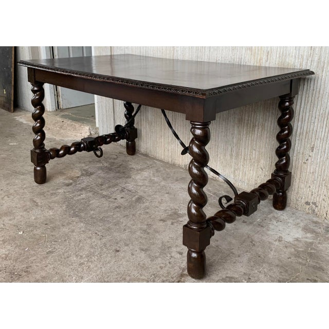 Late 19th Century 19th Spanish Baroque Walnut Solomonic Leg Fratino Dining Table With Iron Stretcher For Sale - Image 5 of 12