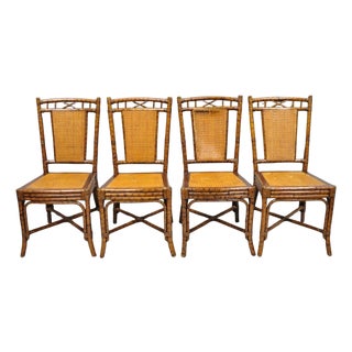 Late 20th Century Hollywood Regency British Colonial Burnt Bamboo Cane Dining Chairs - Set of 4 For Sale