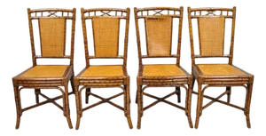 Late 20th Century Hollywood Regency British Colonial Burnt Bamboo Cane Dining Chairs - Set of 4