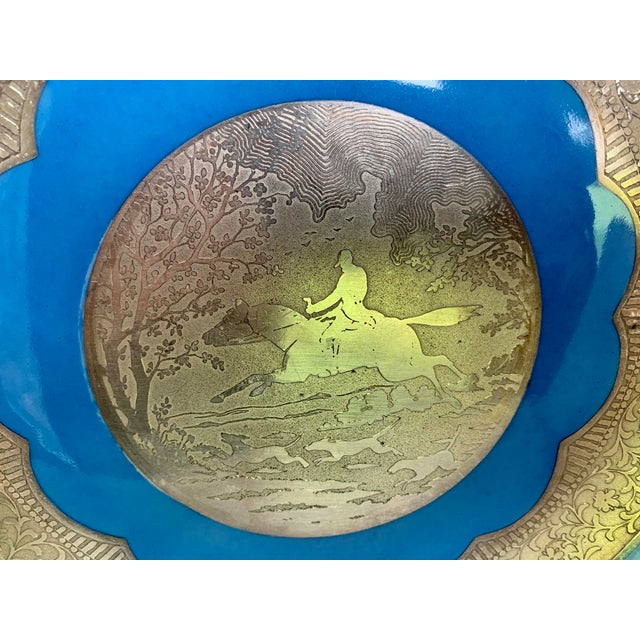 Hollywood Regency Rare ‘Fox-Hunting Scene' Embossed in a Silver Overlay on an Antique 1920s Bavarian Mitterteich Footed Porcelain Plate For Sale - Image 3 of 13