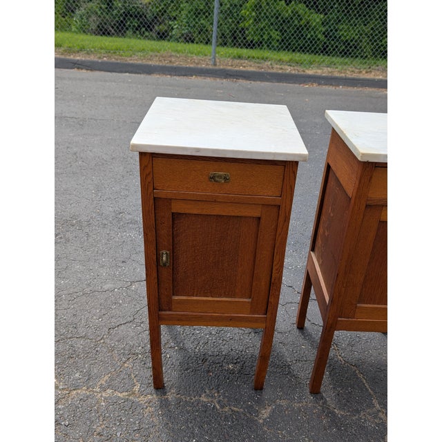 Antique French Oak White Marble Top Bedside Cabinets - A Pair For Sale - Image 4 of 12