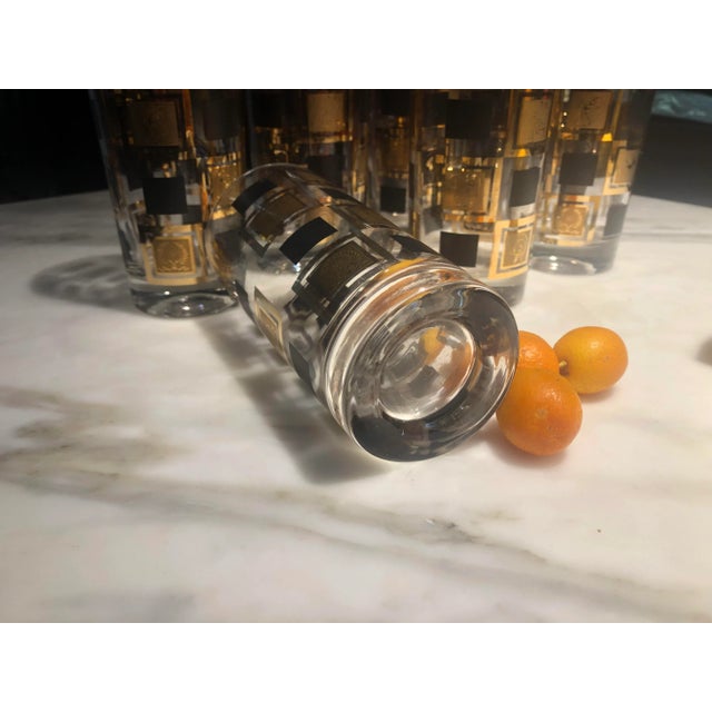 Glass Vintage Cera Cora Black and 24k Gold Squares Highball Glasses -Set of 6 For Sale - Image 7 of 8