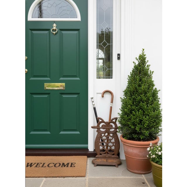 Vintage Cast Iron Whimsical Owl Umbrella Stand & Drip Tray For Sale In West Palm - Image 6 of 7