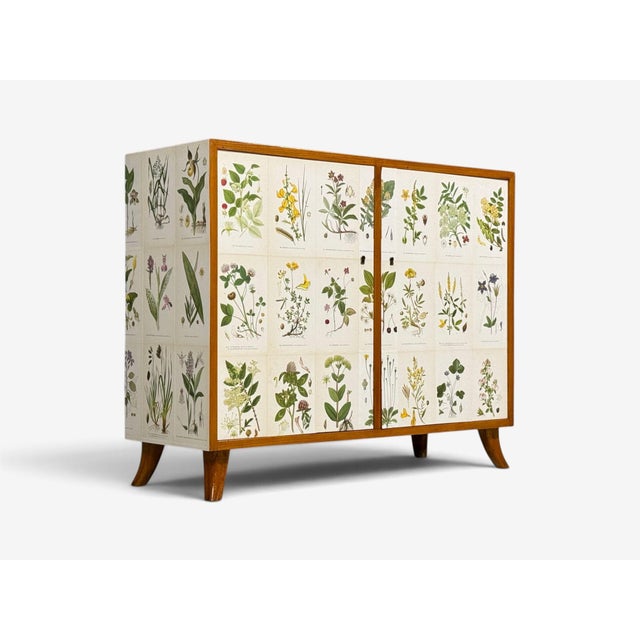 Mid-Century Modern Swedish Modern, Nordens Flora Cabinet, Brass, Floral Lithographs, Sweden, 1930s For Sale - Image 3 of 11