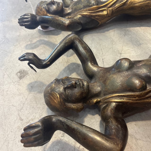 Metal Mid 20th Century 29.5" Tall Art Deco Classical Bronze Maidens Statues Sculptures - Set of 2 For Sale - Image 7 of 12