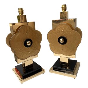 Contemporary Pair of Brass and Murano Glass Big Gold Flowers Lamps, Italy