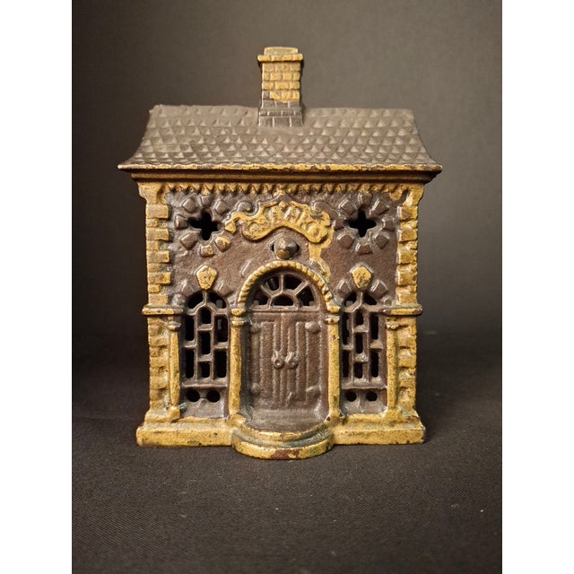 Antique Cast Iron Roof Bank J&e Stevens Architectural Building Still Coin Savings Bank Gold Paint C. 1890 For Sale - Image 11 of 18
