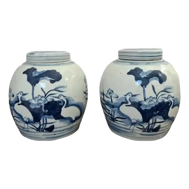 Pair of Mid 20th Century Blue and White Ginger Jars With Coastal Depictions of Cranes, Water and Shore Grass For Sale