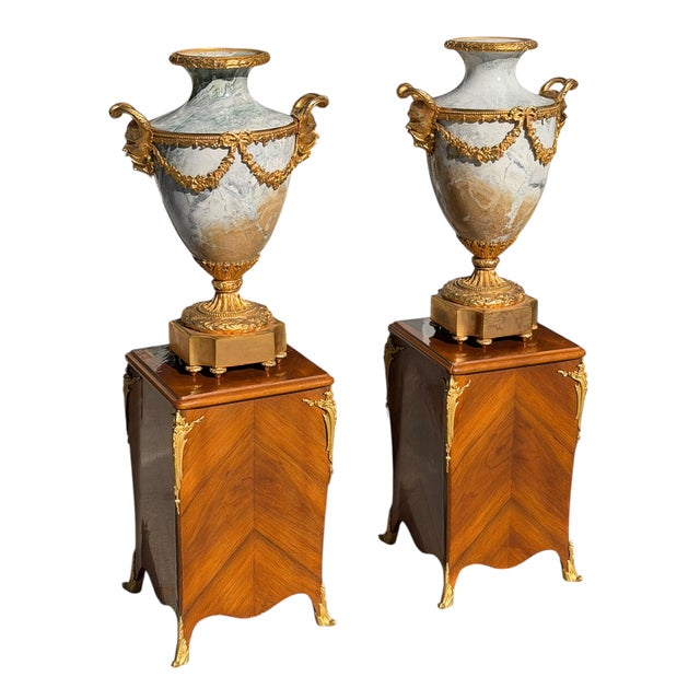 Pair of Louis Vvi Style Gilt Bronze Urns on Tulipwood Stands For Sale - Image 9 of 9