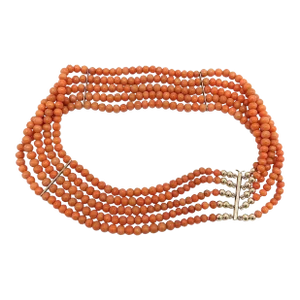 Late 19th Century Victorian 5 Strand Coral Choker With 10k Gold Bars & Clasp