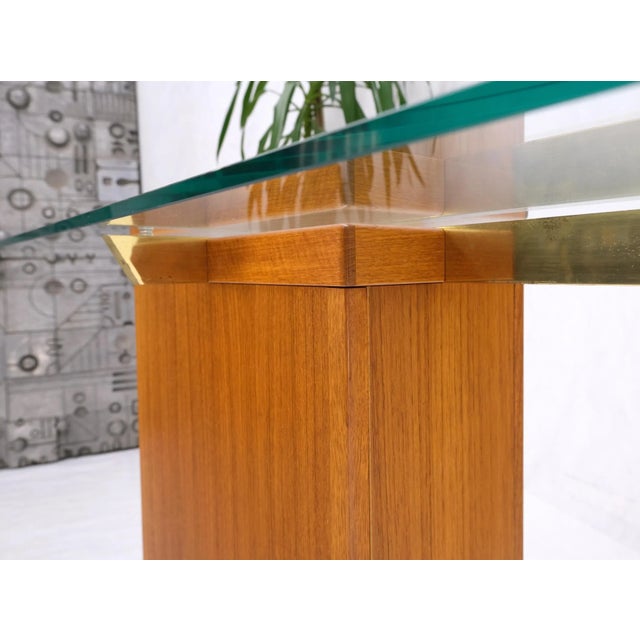Mid-Century Modern Danish Mid-Century Modern Teak Brass Glass Top Pedestal Base Console Sofa Table For Sale - Image 3 of 13