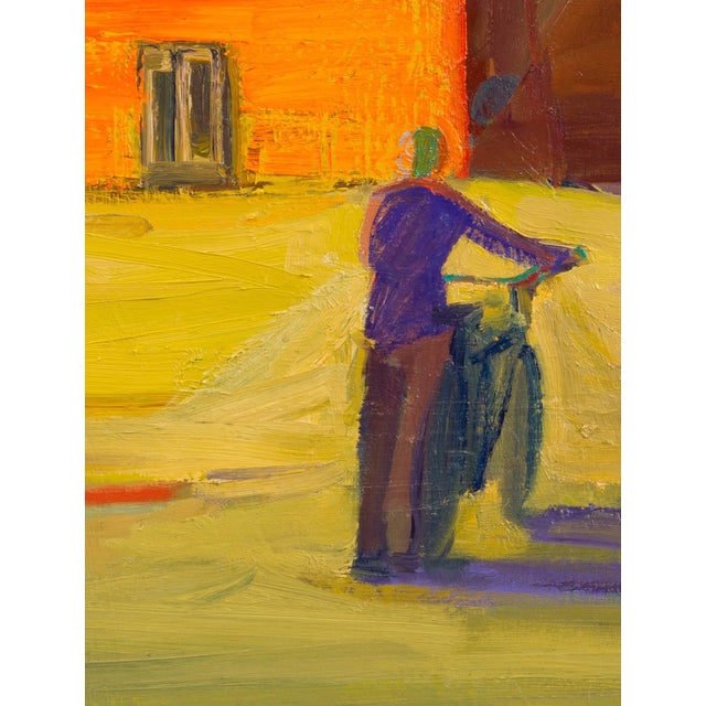 This oil on canvas piece depicts a solitary figure in a vibrant, sunlit store lot, surrounded by bold strokes of color....