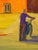 This oil on canvas piece depicts a solitary figure in a vibrant, sunlit store lot, surrounded by bold strokes of color....