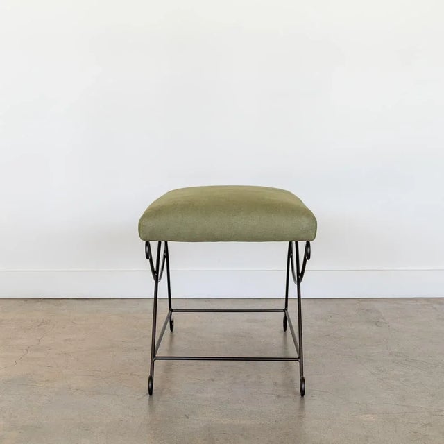 Not Yet Made - Made To Order Iron Loop Bench, Green Linen For Sale - Image 5 of 9