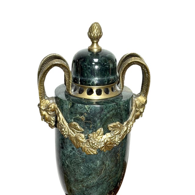 Metal Pair of Green Marble and Ormolu Urns or Cassolettes With Satyr Heads in Louis XVI Style For Sale - Image 7 of 15