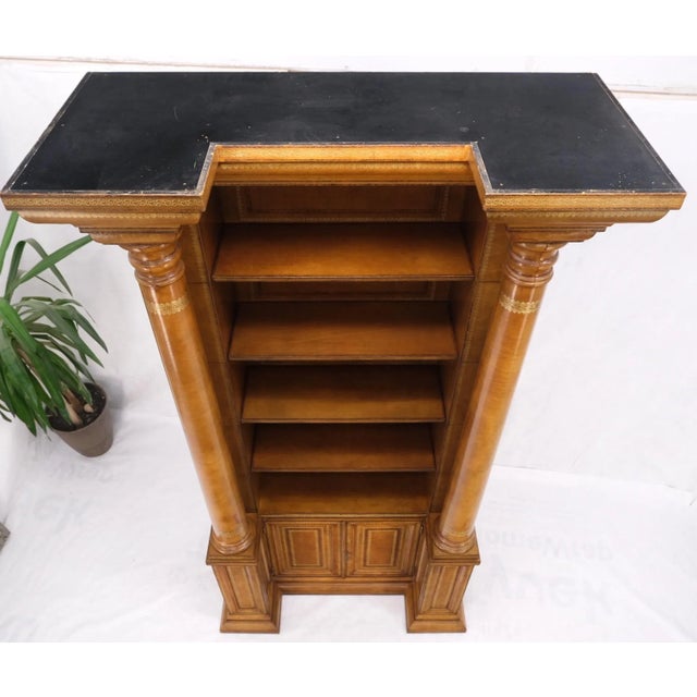 All Wrapped in Tooled Leather Massive Decorative Columns 2 Part Bookcase Hutch For Sale - Image 9 of 13