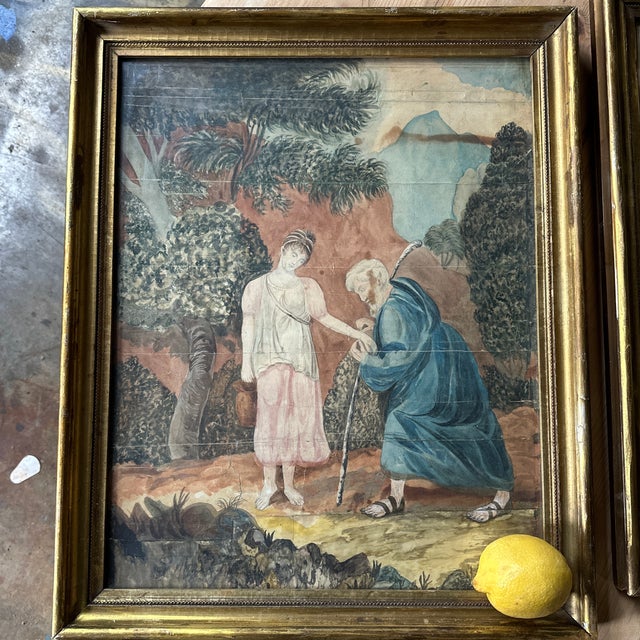 Early 1824 Original Painting on Paper - Jesus and the Samaritan and I Another Woman and Shepard Man- With Gorgeous Back Drop, Framed For Sale - Image 10 of 12