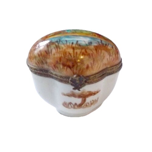 Vintage hand-painted cottage in the woods by a lake scene Limoges box with brass floral and leaf clasp. Brass edge...