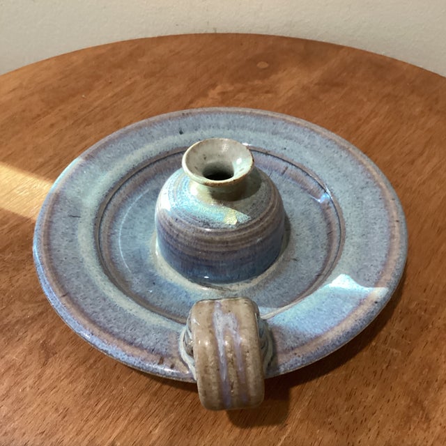 Vintage Studio Pottery Handcrafted Stoneware Glazed Candle Holder W/Attached Drip Plate Signed For Sale - Image 4 of 12