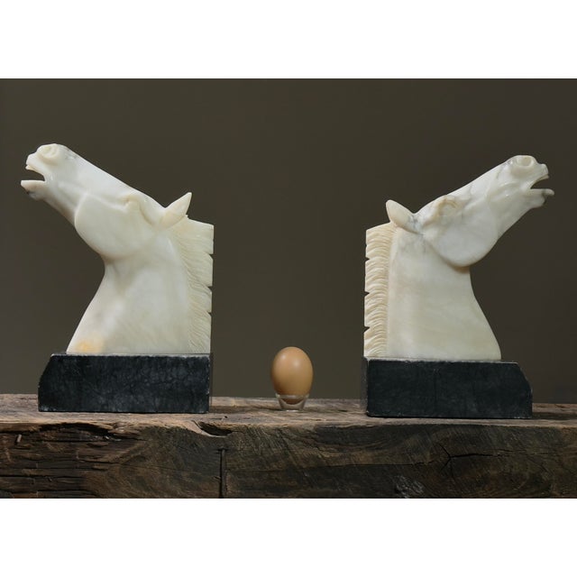 1930s Antique Large Italian Art Deco Hand Carved Alabaster Horse Head Bookends For Sale - Image 5 of 12