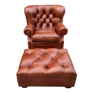 Ralph Lauren Tufted Leather Writer's Club Chair & Ottoman For Sale