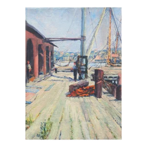 'Wharf With Dock Workers', Circa 1920, American School, Oakland, San Francisco Bay Area Oil