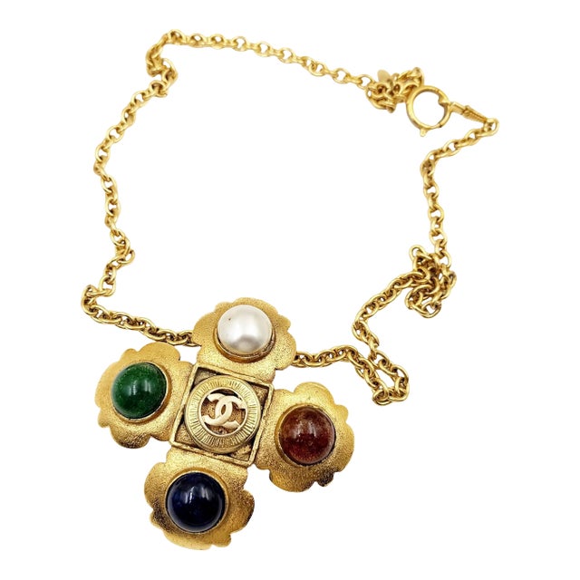 1980s Chanel Rare Vintage Gold Plated CC Stone Pearl Cross Large Brooch Pendant Necklace For Sale