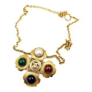 1980s Chanel Rare Vintage Gold Plated CC Stone Pearl Cross Large Brooch Pendant Necklace