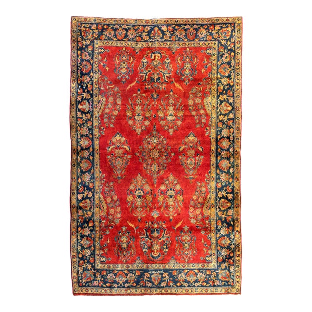 1920s Persian Red Gold Navy Manchester Wool Kashan Small Area Rug For Sale