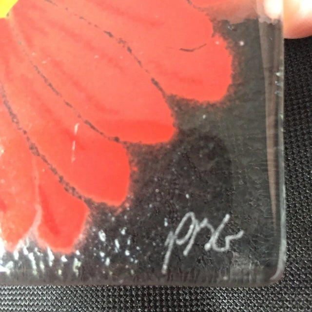 Retro Handpainted Red Zinnia Flower Glass Coasters, Signed For Sale - Image 6 of 7