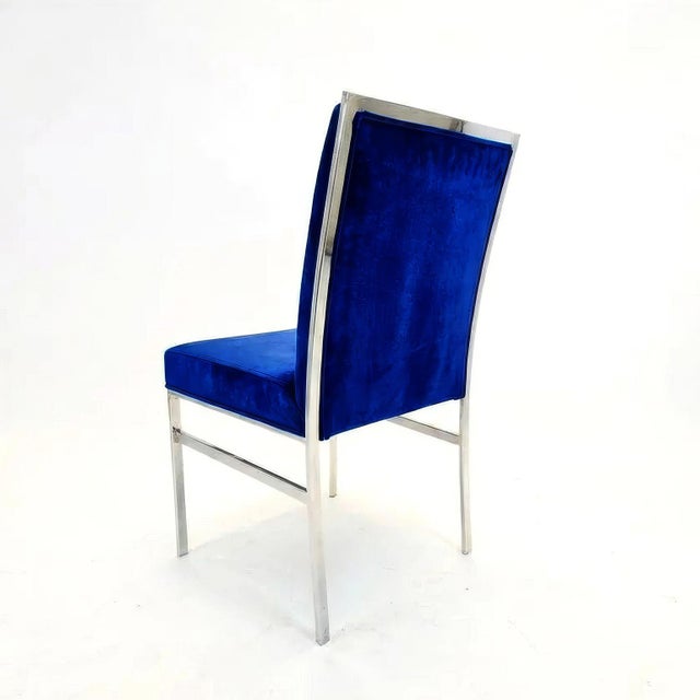 Metal Full Set of 6 Chrome and Blue Velvet Dining Chairs by Pierre Cardin 1970s For Sale - Image 7 of 8