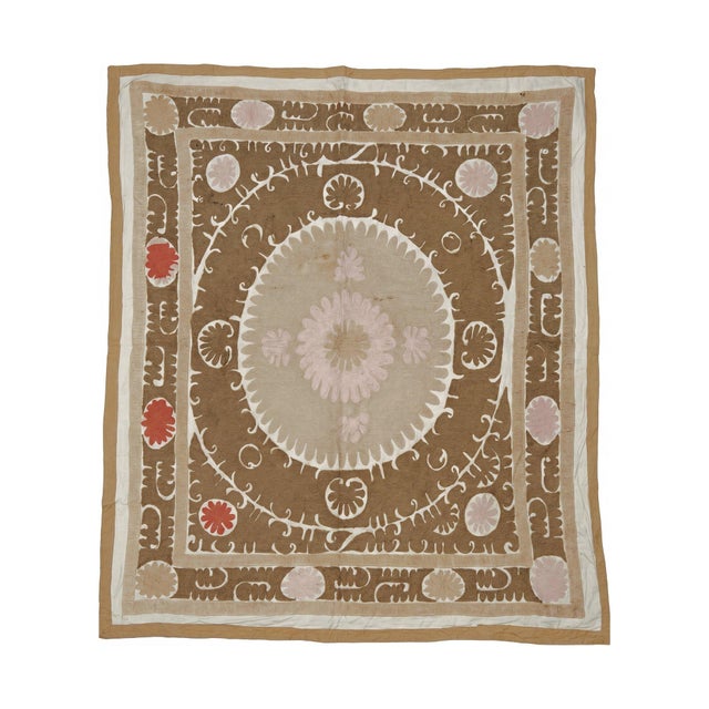 Neutral Tan Tashkent Suzani Wall Tapestry 4'5'' X 4'10'' For Sale - Image 9 of 18