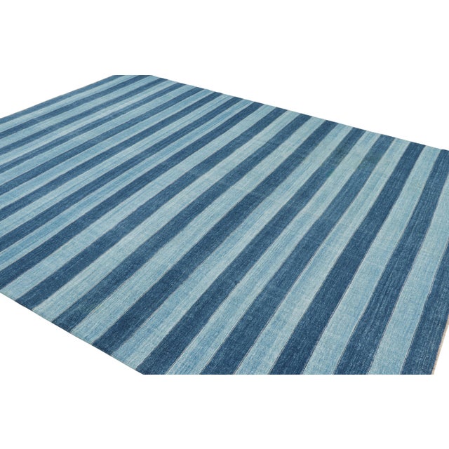 Rug & Kilim Rug & Kilim's Contemporary Dhurrie Rug in Blue Geometric Stripes - 10x14 For Sale - Image 4 of 8