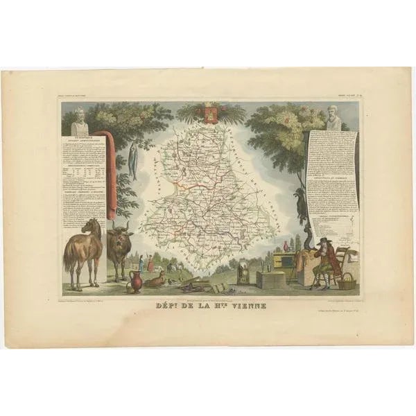Antique map titled 'Dépt. de l'Ariège'. Map of the French department of Haute-Vienne, France. Haute-Vienne is home to the...